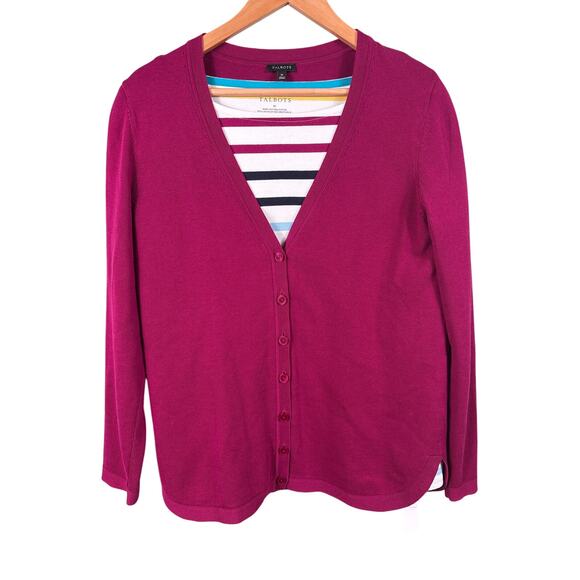 Talbots Women's Medium Colorful Striped Long Sleeves Shirt & Burgundy Cardigan - Picture 1 of 11